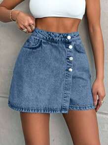 EURMUSE 100%Cotton LIGHT WASH BUTTONS DETAIL SHORT SKIRT - Dusty Blue - View 6