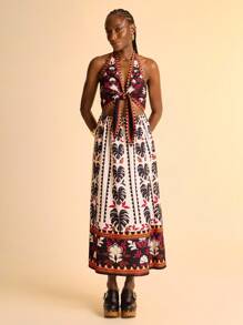 CAJUNI Robe à col ras-du-cou à nouer imprimée pour femmes - Vêtements bohèmes pour femmes / Vêtements occidentaux pour femmes / Graphique / Top décontracté pour femmes / Vêtements d'automne pour femmes