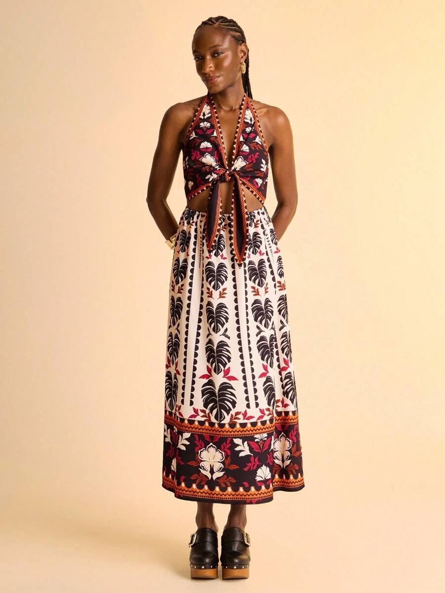 CAJUNI Robe à col ras-du-cou à nouer imprimée pour femmes - Vêtements bohèmes pour femmes / Vêtements occidentaux pour femmes / Graphique / Top décontracté pour femmes / Vêtements d'automne pour femmes