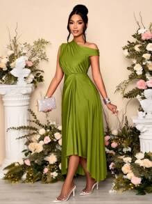 Vestido largo de punto elástico morado cómodo con detalles recogidos, cuello asimétrico y bajo asimétrico con abertura, para fiesta y ocasiones elegantes en primavera y verano - Verde - Ver 1