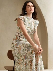 Anewsta 女士腰部收紧镂空刺绣印花优雅中长连衣裙，假日风格 - 淺藍色 - 查看 7