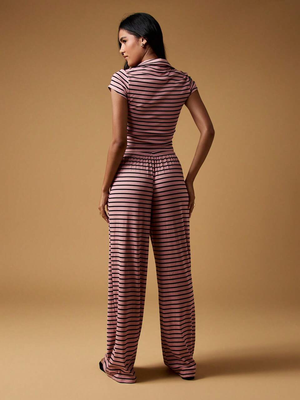 MISSGUIDED Ribbed Knit Co Ord Set With Polo Top And Wide Leg Pants Stripe Pattern Loungewear Set Cozy Casual Fall Winter Everyday Lounge Wear