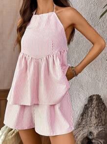 INAWLY Bộ 2 món: Áo thun kẻ sọc dệt nhiều lớp buộc sau lưng cho nữ & quần short cạp rút, size tiêu chuẩn, mùa hè - Hồng - Xem 5