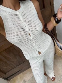 Sunnyshic 2 pièces set Pulls ajourés décontractés pour femmes, pour le quotidien et les vacances, design minimaliste - Blanc - Voir 1