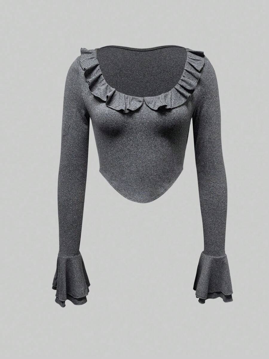 1 件女式纯色长袖 T 恤，休闲时尚基本款上衣，适合日常穿着