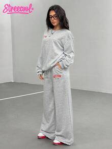 1 件宽松少女字母印花长袖运动衫和运动裤休闲套装，美式风格 - 灰色 - 查看 3