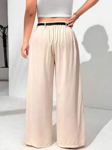 SHEIN EZwear 夏季大码米色系带阔腿休闲裤 - 杏色 - 查看 2
