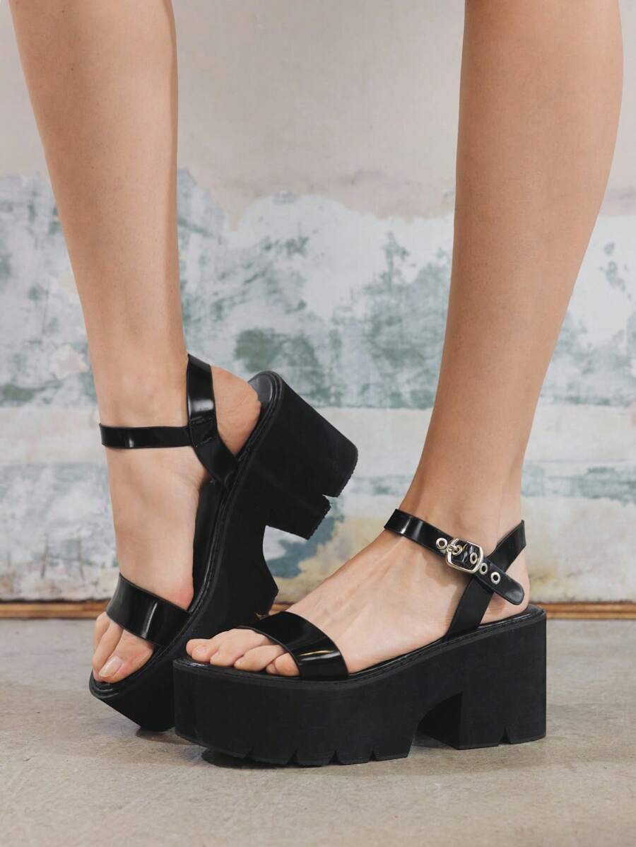 Sugerpunk Women's Platform Chunky Heel Round Toe Punk Thick Sole Fashion Sandals - Black - View 1
