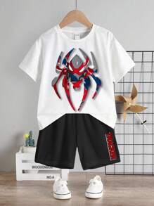 SHEIN Conjunto de camiseta de manga corta y pantalón corto informal con patrón de araña de dibujos animados para niño joven, adecuado para el verano