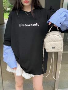 DAZY 女式字母印花仿二合一格子袖口宽松休闲 T 恤秋季上衣长袖上衣 - 黑色 - 查看 8