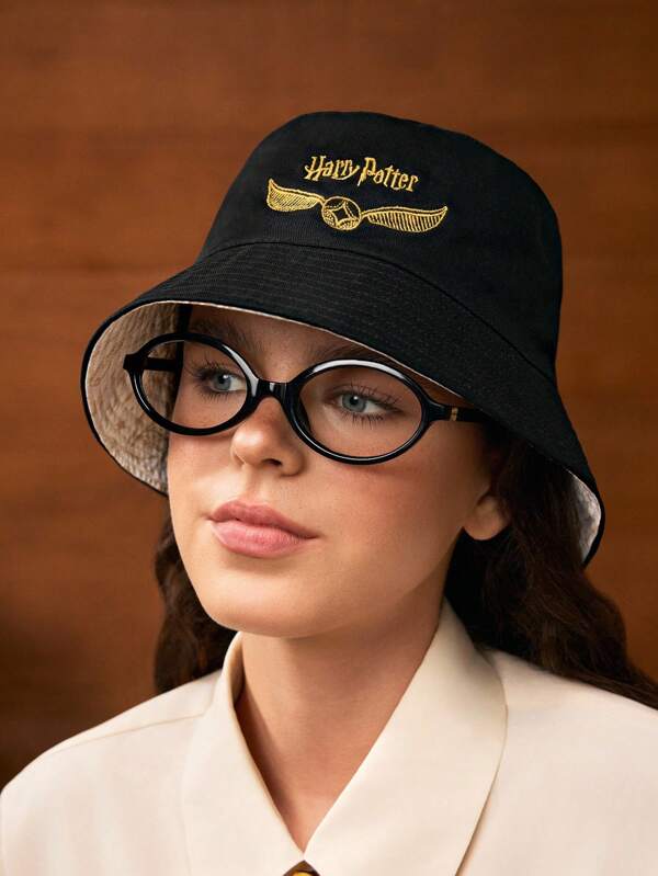 HARRY POTTER X SHEIN Double-Sided Fashionable Black Bucket Hat With Golden Snitch Embroidery, Elegant And Versatile, Suitable For Daily Wear And Sun Protection