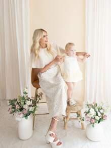 可爱优雅的杏色花朵蝴蝶结无袖女婴连衣裙 - 杏色 - 查看 12