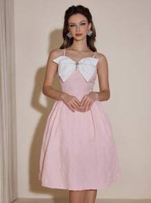 Poshira 法式优雅新款粉色迷你派对连衣裙，收腰修身蝴蝶结吊带连衣裙 - 粉色 - 查看 3