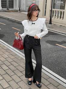 SHEIN Conjunto de blusa con lazo y mangas cortas + pantalones de pierna ancha en estilo dulce para niña