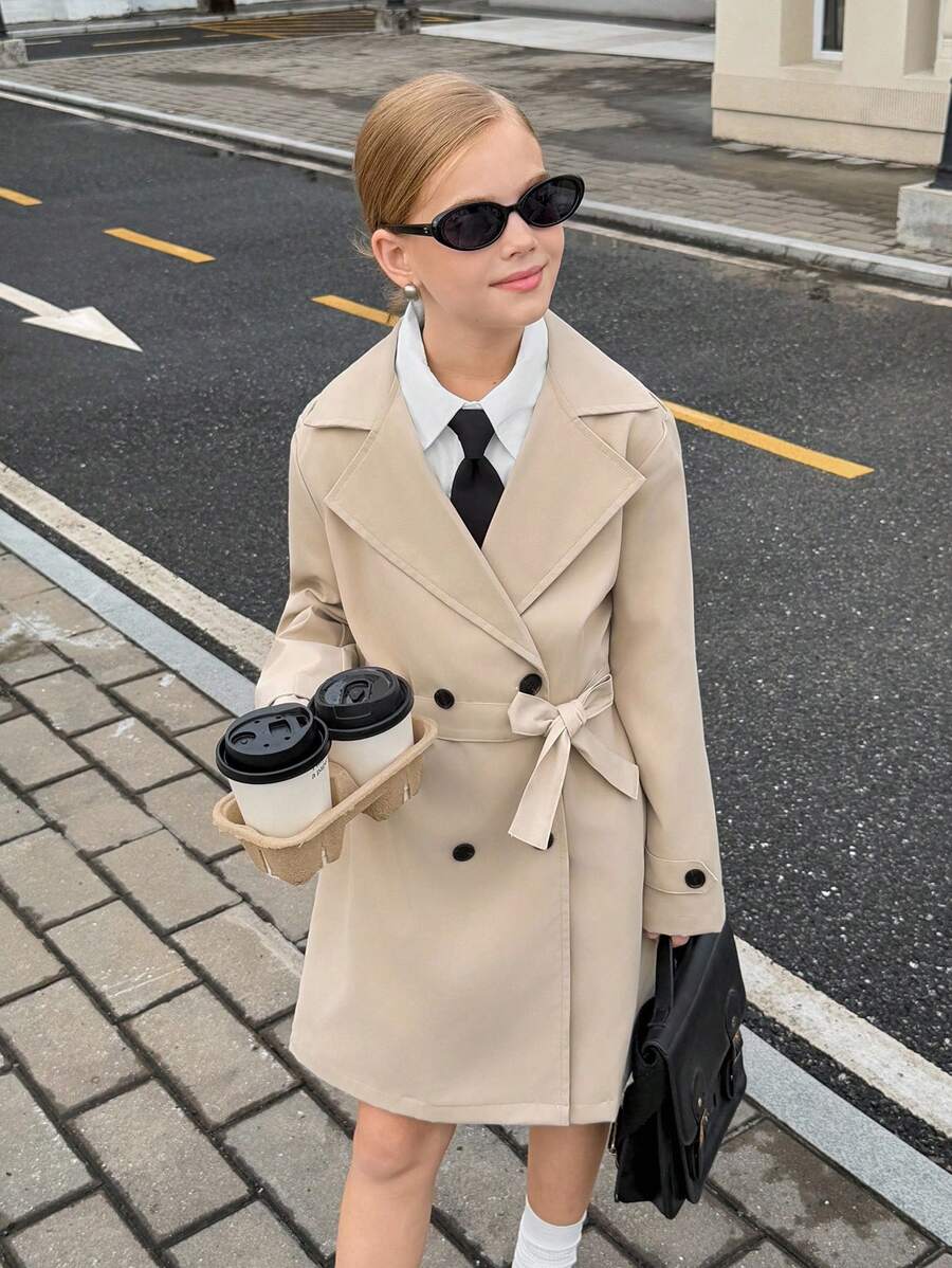 女生时尚宽松系带双排扣长款风衣,适合秋季通勤或日常穿着 - 卡其色 - 查看 1