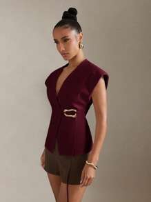 Hauture 前扣盖袖 V 领优雅上衣 - 酒紅色 - 查看 3