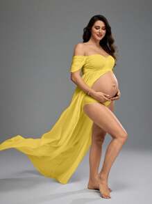 SHEIN 简约纯色露肩孕妇拍摄礼服 - 黃色 - 查看 4
