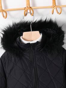 SHEIN 男童保暖绗缝连帽冬季外套，时尚毛领棉袄，百搭 - 黑色 - 查看 5