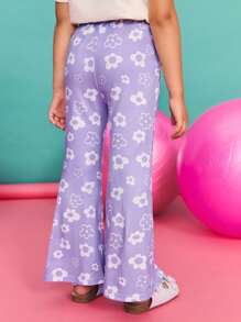 SHEIN Young Girl Casual Floral Printed Split-Design Flare Pants Set, Comfortable ,Back To School Season, Christmas