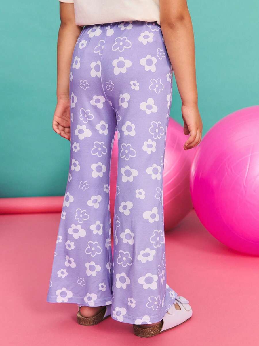 SHEIN Young Girl Casual Floral Printed Split-Design Flare Pants Set, Comfortable ,Back To School Season, Christmas