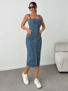 EURMUSE Slant Pocket Button Front Overall Denim Midi Dress - Light Wash - View 5