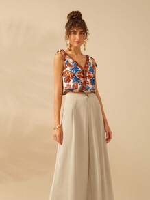 CAJUNI Women's Extra Loose Straight Leg Orange Brown Pants, Casual Holiday Beach Summer Trousers - Apricot - View 5