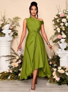 Vestido largo de punto elástico morado cómodo con detalles recogidos, cuello asimétrico y bajo asimétrico con abertura, para fiesta y ocasiones elegantes en primavera y verano - Verde - Ver 6