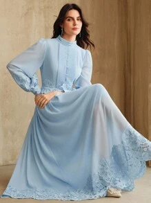 Anewsta Elegant French Style Patchwork Embroidered Lace Design Blue Dress For Women - Blue - View 4