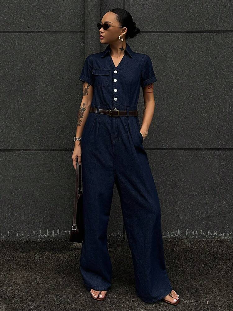 Women Summer Square Neck Waist Cinched Short Sleeve Denim Jumpsuit, Street Casual