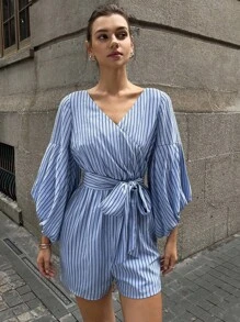 DAZY 女士V领条纹衬衫，宽松灯笼袖，撞色侧缝蝴蝶结连体裤，度假风，秋季女士连体睡衣套装 - 藍色 - 查看 4