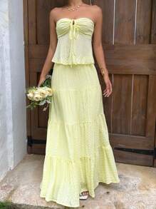 Lyxana Women's Tie Front Halter Top And Flowy Skirt Vacation Fashion Set - Yellow - View 5