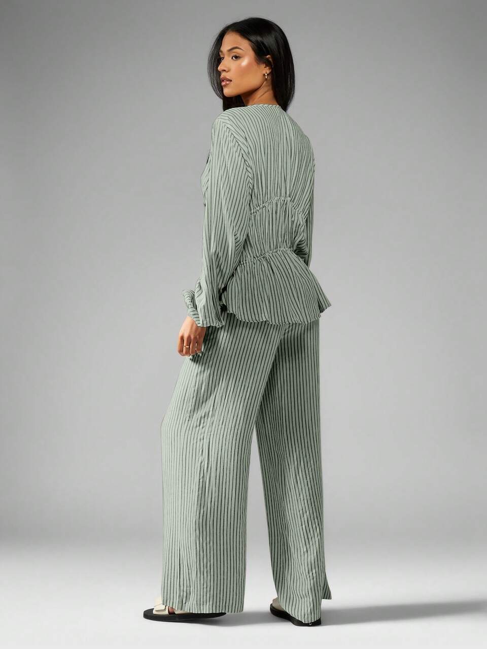 MISSGUIDED Striped Long Sleeve Blouse And Wide Leg Pants Set Christmas