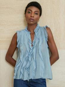 Aveloria Modichic Elegant Minimalist Layered Ruffle Hem Sleeveless Women Short Blouse - Blue - View 4