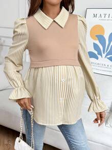SHEIN 孕妇条纹印花二合一长袖休闲衬衫 - 卡其色 - 查看 7
