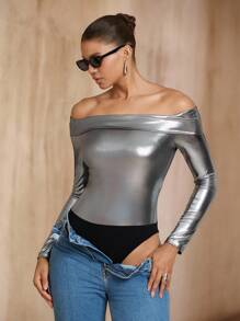 SHEIN Unity 女士派对夜出闪亮银色 Y2K 风格露肩长袖紧身衣，时尚优雅性感造型，秋冬外出装 - 銀色 - 查看 7