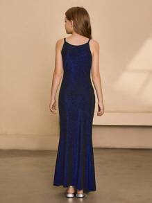 Girls Elegant Minimalist V-Neck Sleeveless High Waist Long Fitted Split Design Metallic Shimmer Fabric Dress, Suitable For Graduation, Party, Formal Occasions Fall Winter - Blue - View 2