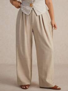 Elaquor Plus Size Casual Versatile Solid Color Loose Fit Suit Pants - Khaki - View 3