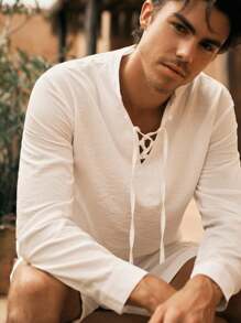 Mainfolk 2pcs Set Men Casual Woven Tie Hem Long Sleeve Shirt & Shorts Solid Color Outfit - White - View 7