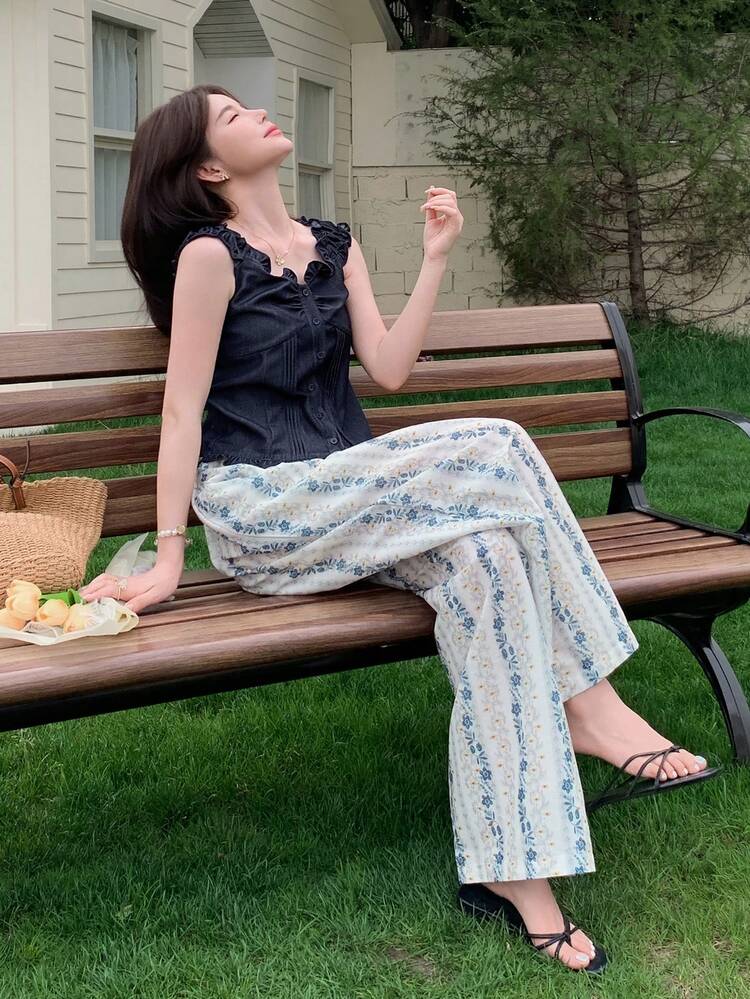 2pcs Women Set: Ruffled Trim Off Shoulder Top & Floral Wide Leg Pants Summer Pants Sets