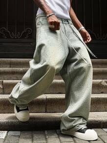 PAVTROS 复古男士水钻装饰图案牛仔裤 - 淺色水洗藍 - 查看 3