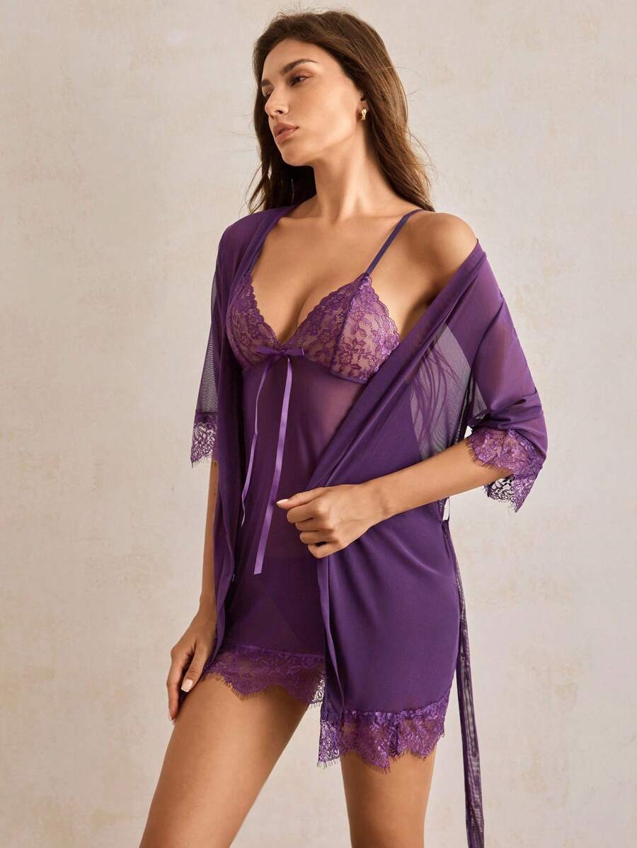 Charlaine Patchwork Lace Sexy Lingerie Set - Purple - View 1