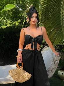 SHEIN SXY Bộ áo dây mảnh không tay gợi cảm và áo liền quần, phong cách kỳ nghỉ - màu đen - Xem 3