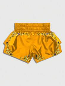 ROMWE MEN Street Life 男士休闲动漫印花松紧腰平角短裤 - 金色 - 查看 2