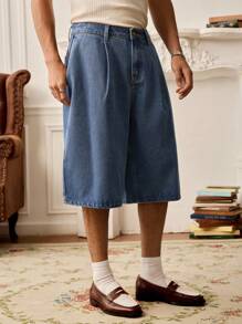 SWAVVY 男士时尚褶皱七分牛仔短裤 - 藍色 - 查看 1