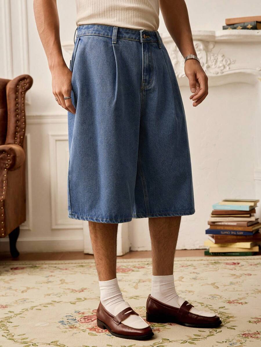 SWAVVY 男士时尚褶皱七分牛仔短裤 - 藍色 - 查看 1