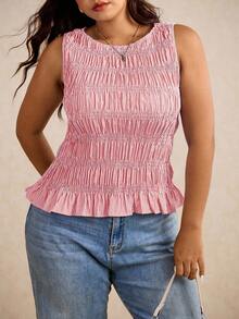 Elaquor 大码女式条纹褶饰下摆圆领吊带背心 - 紅色 - 查看 5