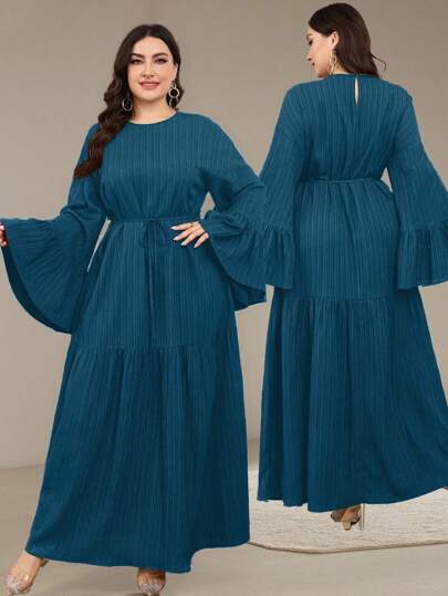 Veilorie 大码女式纯色圆领喇叭袖荷叶边下摆优雅连衣裙