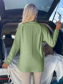 EURMUSE 女士纯色立领插肩袖毛衣 - 薄荷綠 - 查看 3