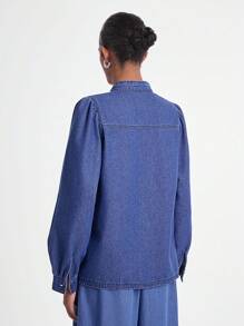 Daynim 女式长袖单排扣宽松休闲牛仔衬衫 - 中等水洗藍 - 查看 2