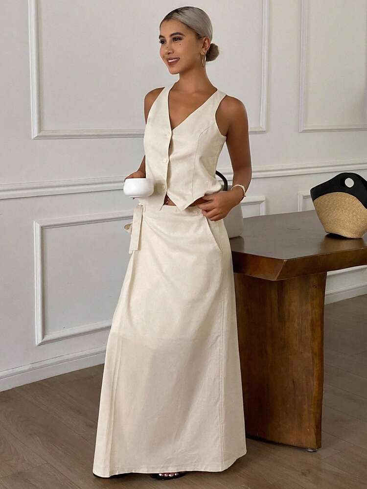 2pcs Women Solid Color Fitted Sleeveless Vest And Asymmetric Hem Skirt Casual Suit Set, Autumn